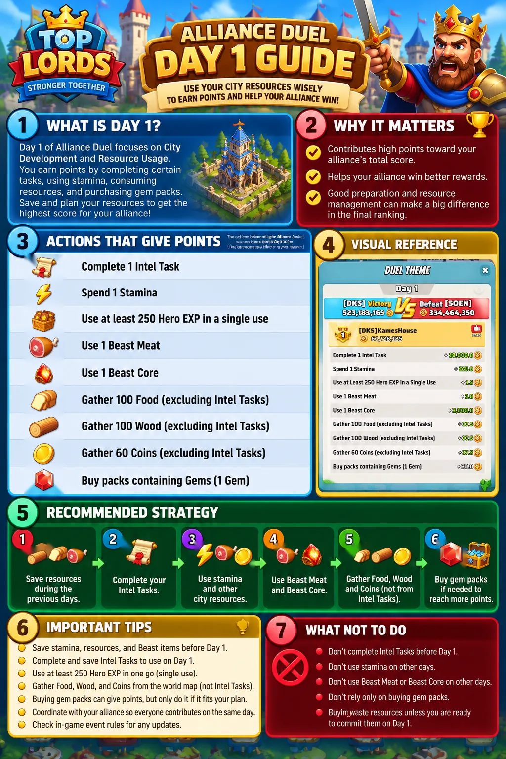 Day 1 — Top Lords Alliance Duel guide infographic