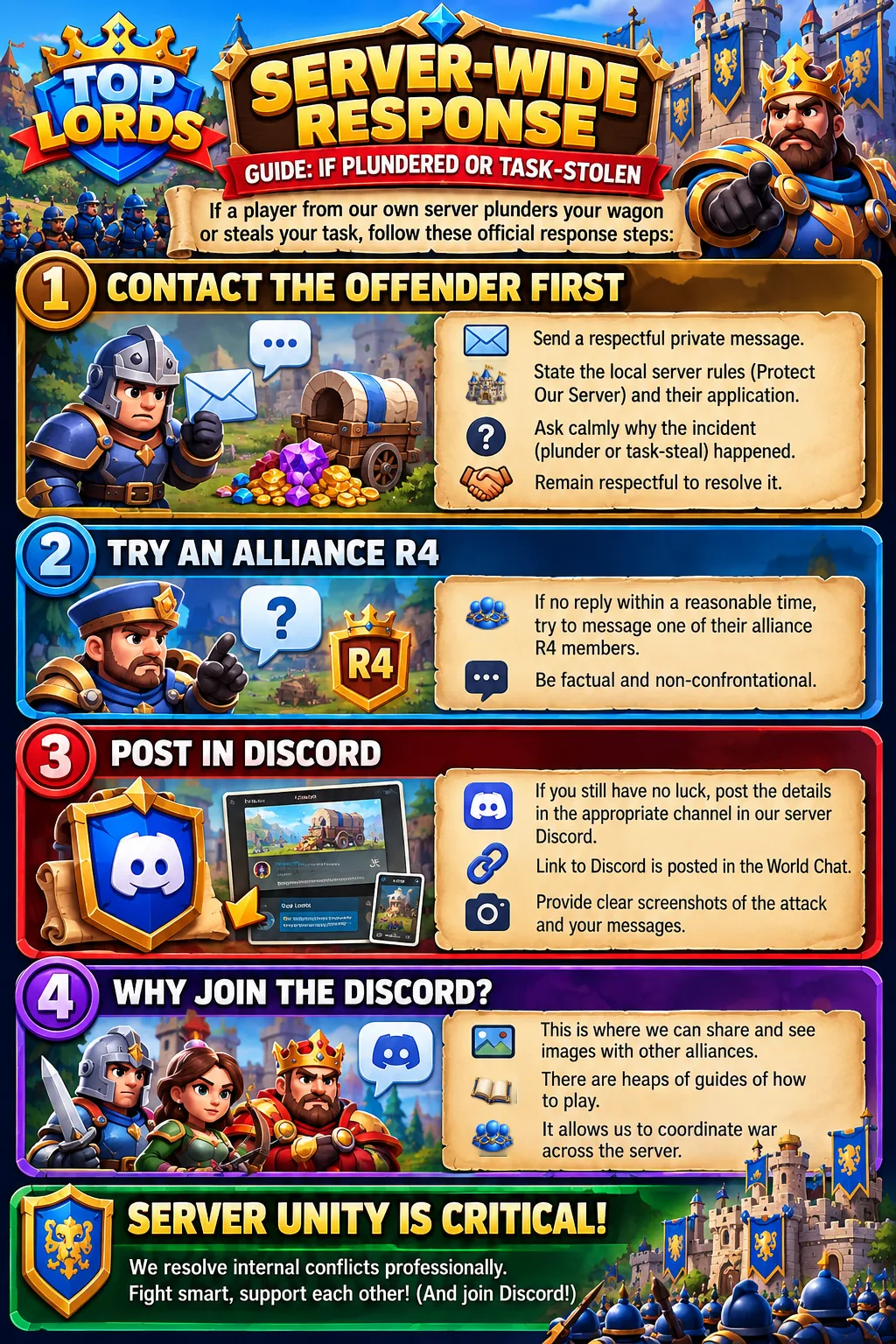 Server-Wide Response — Top Lords Server 23 Rules & Discord guide infographic